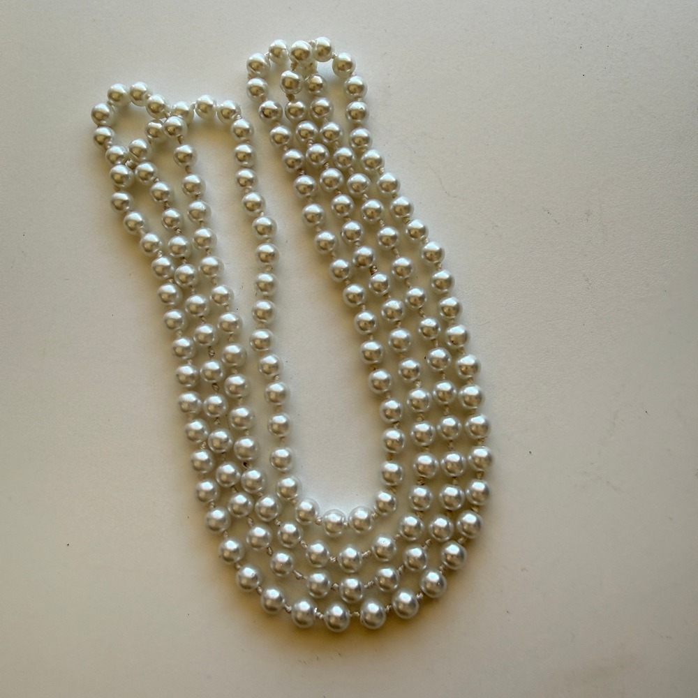 Long Faux Pearl Strand Necklace White Hand Knotted Opera Length Layering Bead